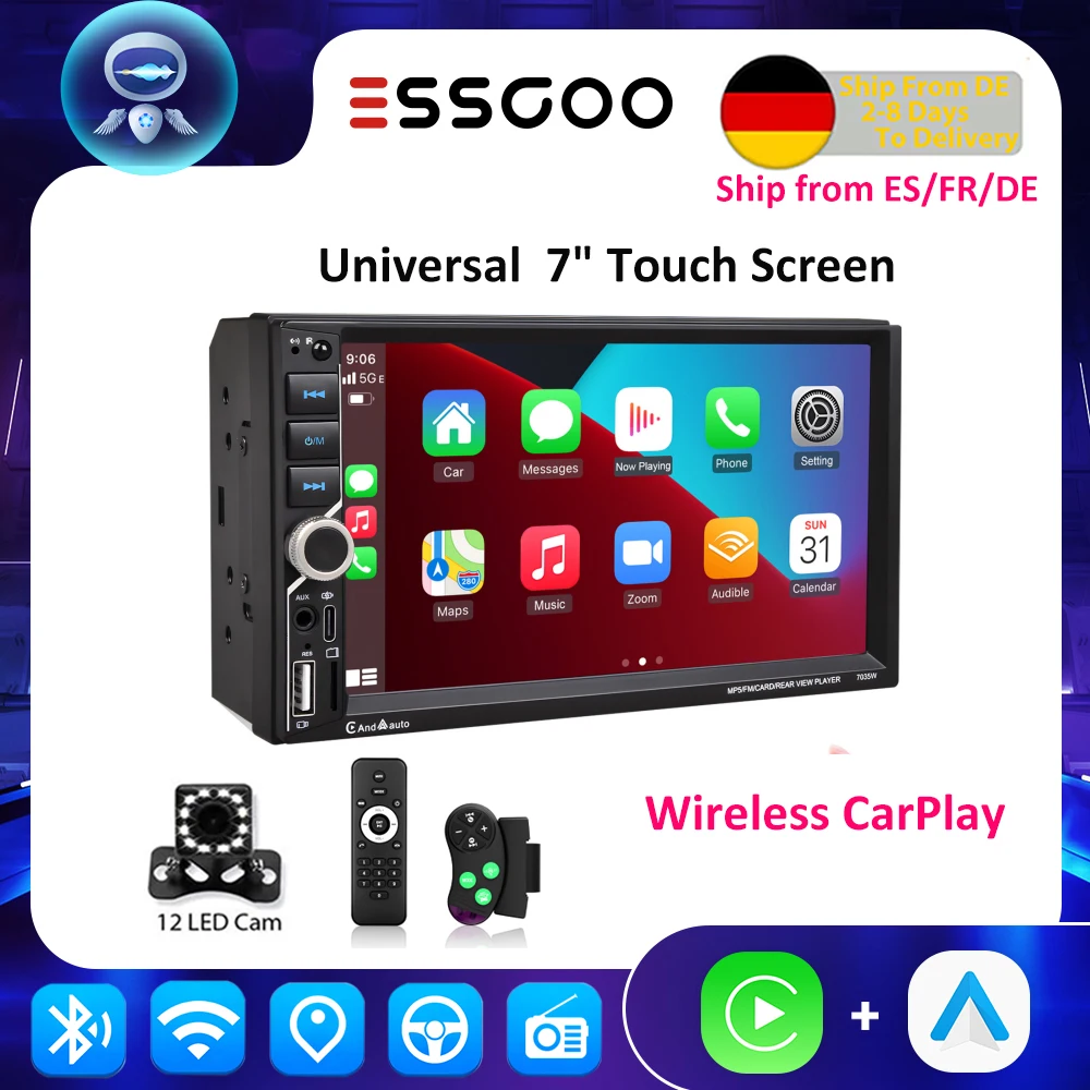 ESSGOO Radio Estéreo Universal para Auto de 7 Pulgadas, Carplay, Android Auto, 2 DIN, AUX, FM, Bluetooth, USB, TF, Pantalla Táctil, Mirror Link 1