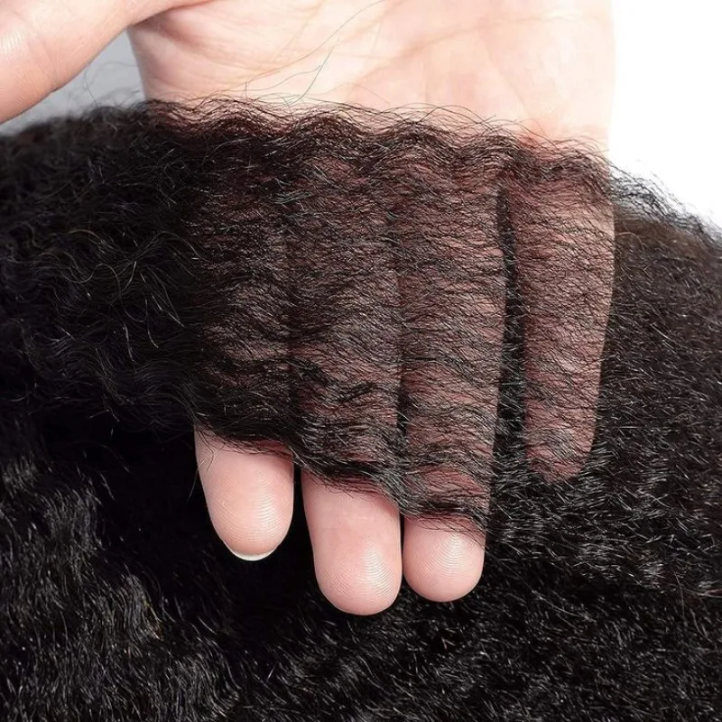 Human Hair 4x4 Kinky Straight Lace Closure 150% Density 10-20 Inch Full End Natural Color Pre-Plucked Raw Indian Hair