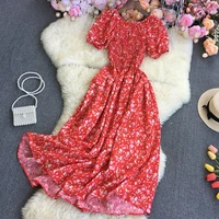 2026 New Fashion Summer Flower Print Long Dress Women Vintage Slash Neck Ruched Chest A Line Sundress Party Vestidos - Image 4