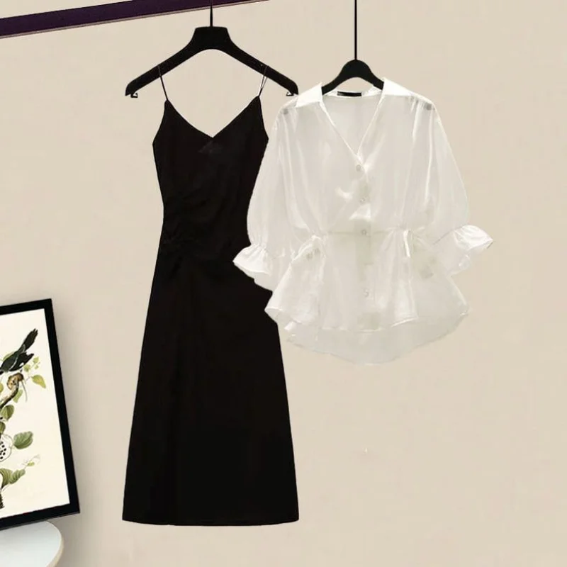 Spring and Autumn Season Set Women's 2024 New Korean Edition Waist Waist Slimming Shirt with Hanging Dress Two Piece Set