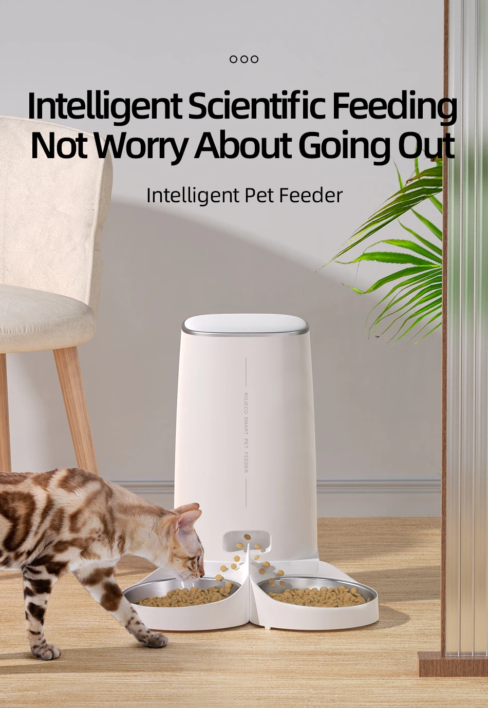 ROJECO Automatischer Katzenfutterautomat für Haustiere, intelligentes Katzenfutter, Kibble-Spender, Fernbedienung, WiFi-Taste, automatischer Futterautomat für Katzen, Hundezubehör – Detail 1