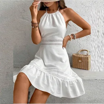 Women's Backless Sundress Fashion Round Neck Hollowed Out Butterfly Back Waisted Dresses Female Beach Dress 1