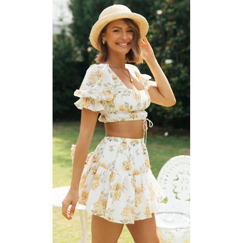 JKW Women's Printed Square Collar Cropped Top+Skirt Suit