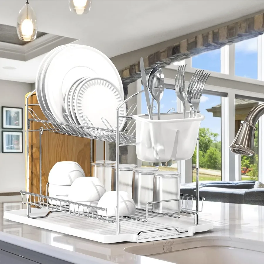 2Tier Stainless Steel Dish Rack with Drainboard Chrome for Kitchen