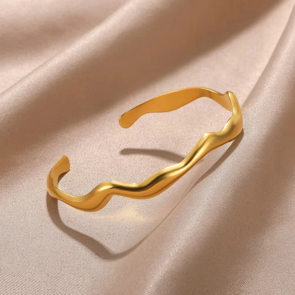 Stainless Steel Wave Open Bangle Bracelets for Women