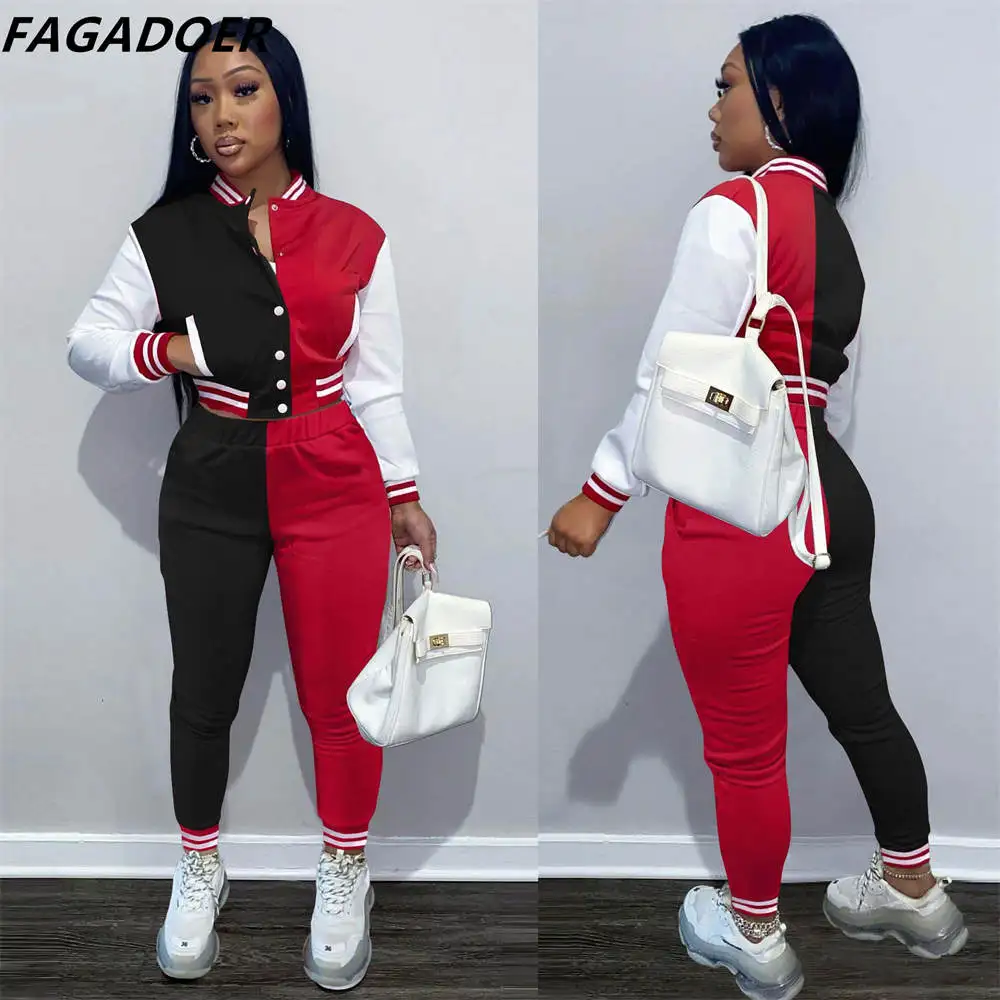 

FAGADOER Fashion Color Patchwork Baseball Uniform Tracksuits Women Button Long Sleeve Coat + Jogger Pants Two Piece Sets Outfits