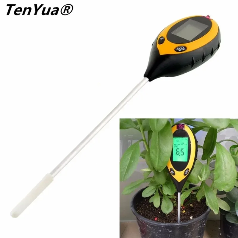 TenYua 4 In 1 LCD PH Meters Digital Temperature Sunlight Moisture PH Garden Soil Tester Gauge Meter