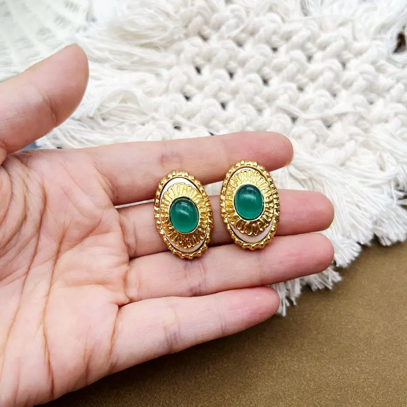 

Oval Shape Stud Earrings Green Opal Accessories Femme Pendientes For Women
