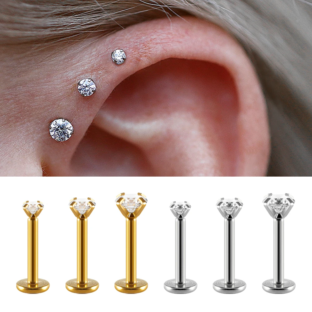 Stud Earrings 2PC Labret Tragus Stud Earrings 16G Surgical Stainless Steel CZ Crystal Monroe Helix Cartialge Conch Medusa Lip Body Piercing