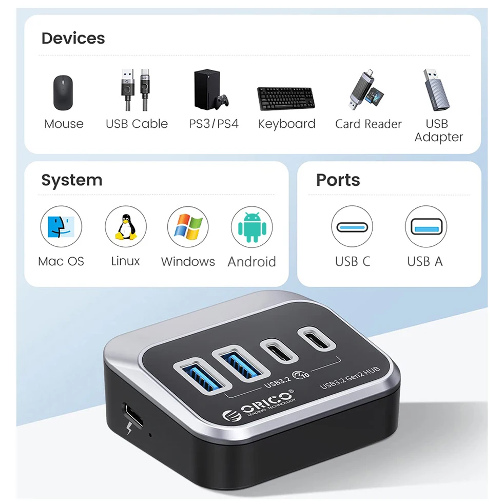 Orico Usb a 3.2 Hub tipo c Divisor 10gbps Switch Docking Station Multi Usb3 Portas Plug 3.0 Soquete para Superfície Macbook Computador Portátil - Imagem 5