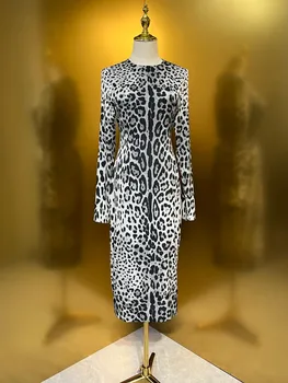 Abito da festa elegante da donna 100% seta |   Midi di design di lusso con stampa leopardata nera |   Abito da cocktail da sera |   Pista della primavera 2025