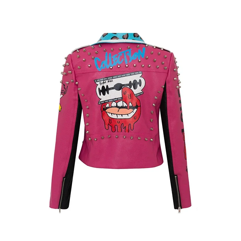 Punk Rivets Cropped Motorcycle Jacket Women 2024 Trend Streetwear Graffiti Print Contrast Stitched Faux Leather Jacket