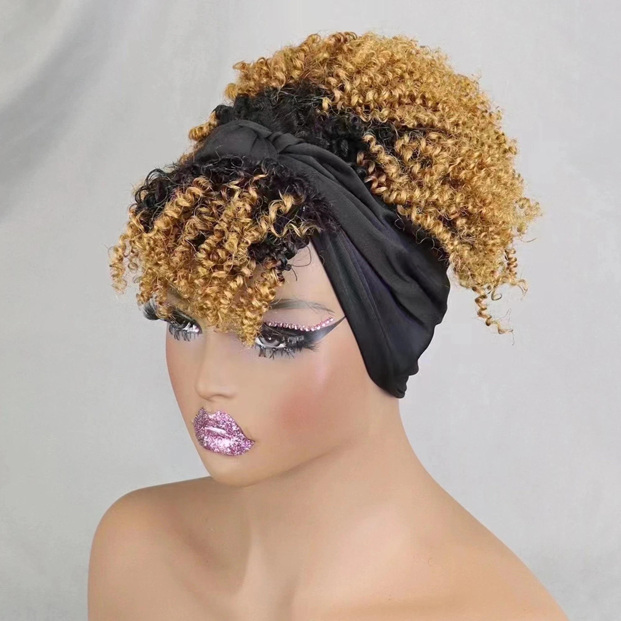 200% 밀도 1BT30 아프로 곱슬머리 스카프 가발 (앞머리 포함) 기계식 제작 가발 곱슬머리 100% 인모 가발 흑인 여성용 프리플럭 가발