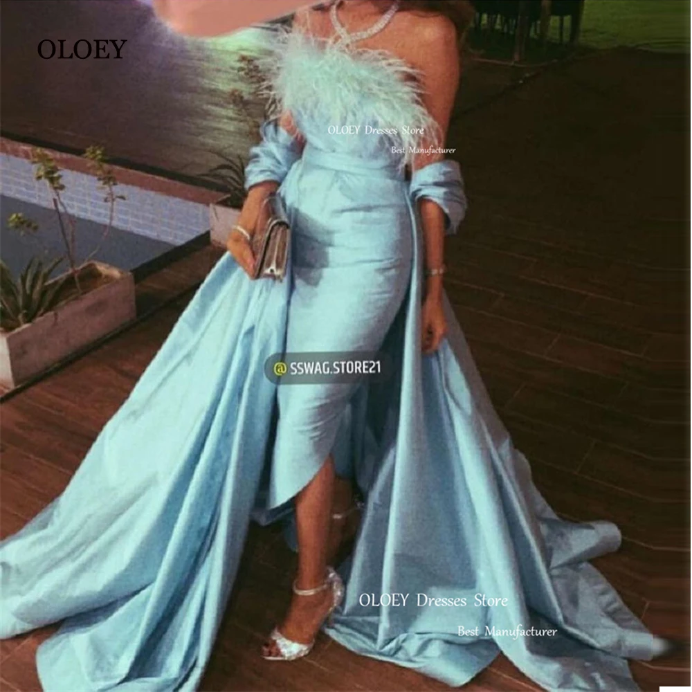 

OLOEY Saudi Arabic Women Light Blue Feathers Evening Dresses With Jacket Taffeta Split Prom Gowns Formal Occasion Party Dress