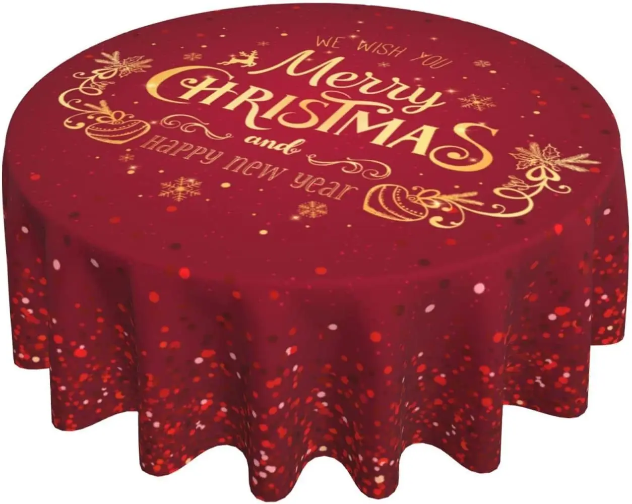 Round Christmas Tablecloth 60 Inch Gold Happy New Years Snowflake Decorative Red Round Table Cloth for Home Kitchen Dining Room