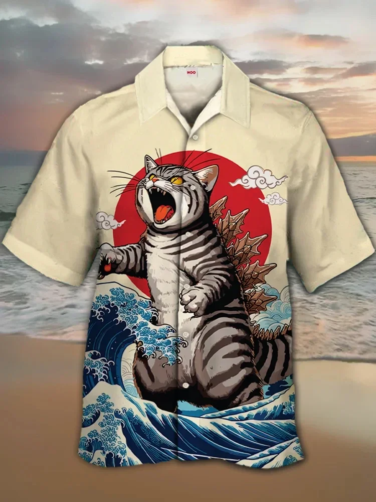 Ancient ink ukiyo-e monster personalized printing short sleeved shirt for men summer lapel shirt street hip-hop
