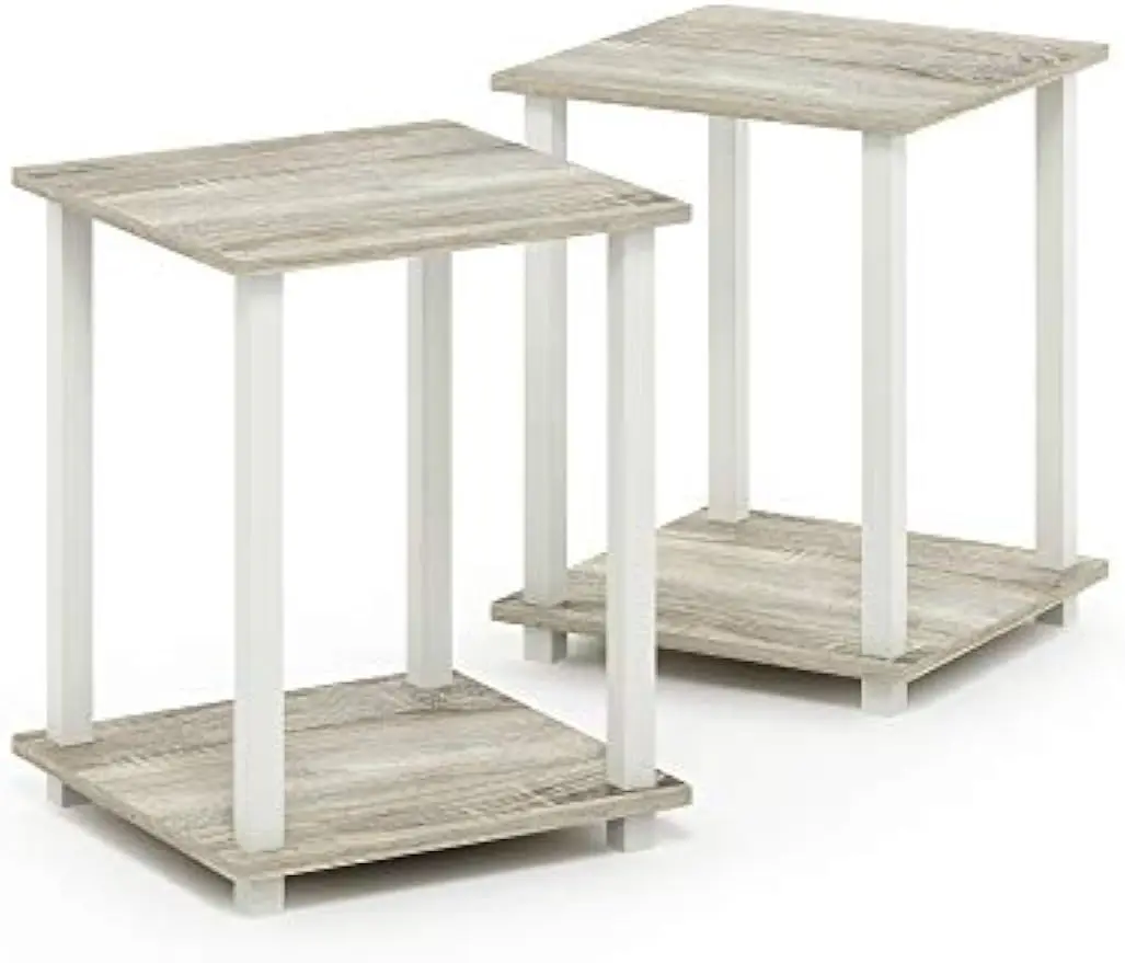 3-Tier No-Tools TV Stand for 50" TVs with Round Tubes + 2 End Tables, Turn-N-Tube Design, Sonoma Oak/White, Simple Assembly