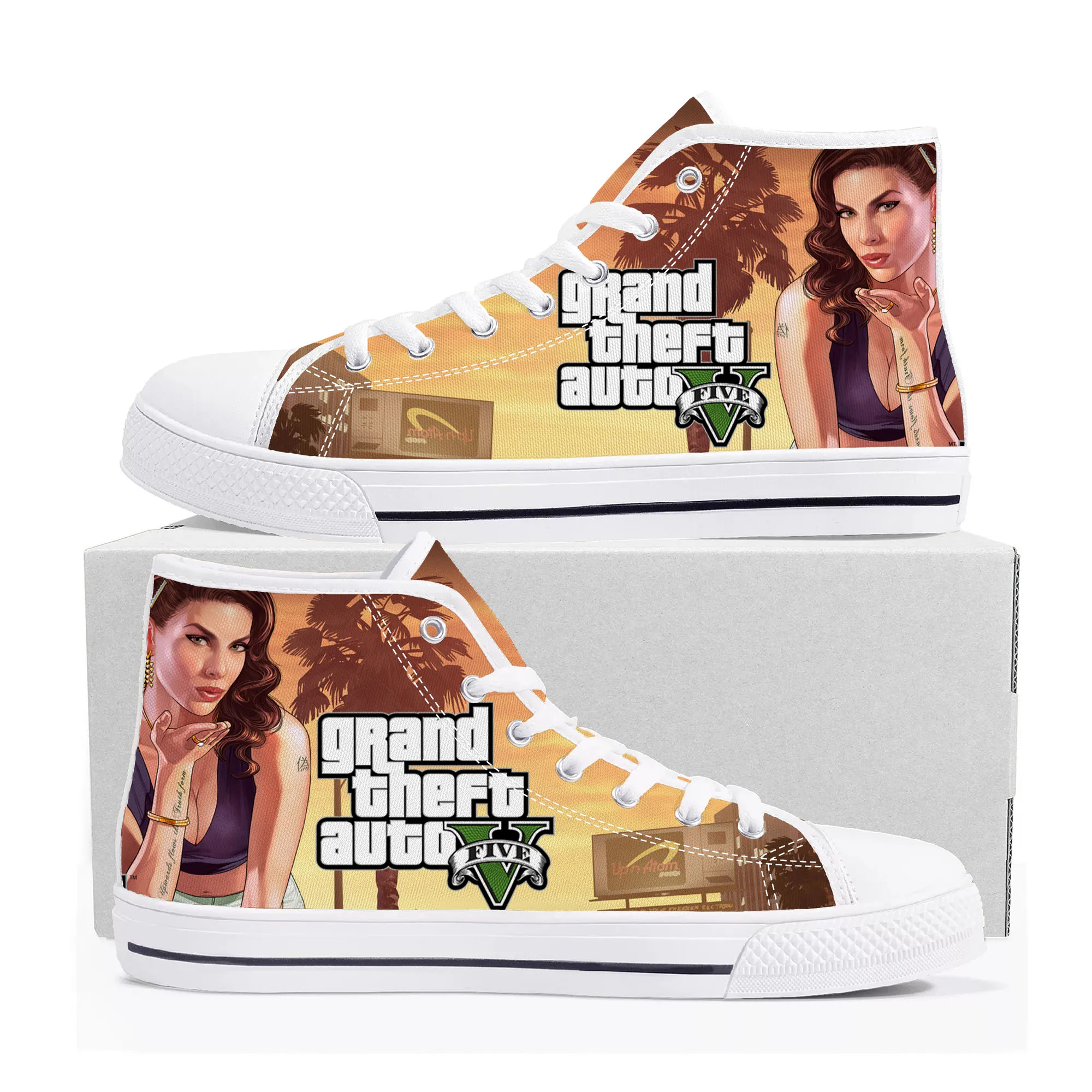 Hot Anime Cartoon Grand Theft Auto GTA V 5 High Top Sneakers Mens Womens Teenager Canvas Sneaker Casual Couple Shoes Custom Shoe