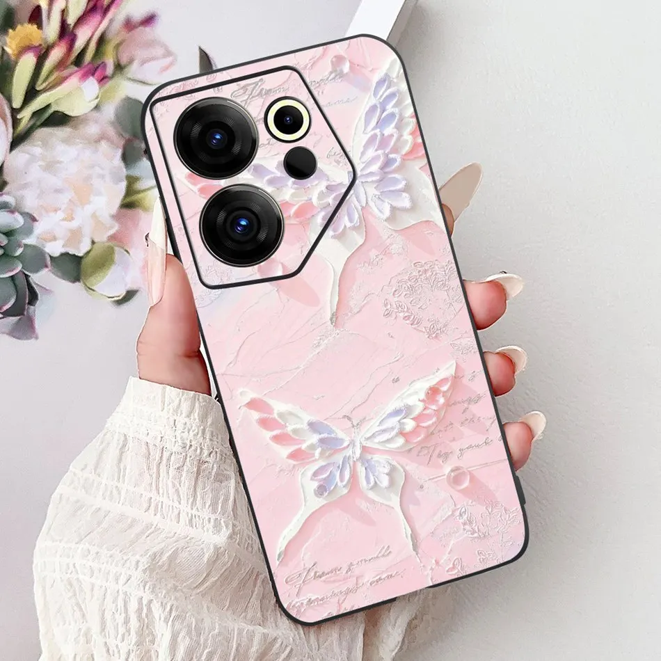 Tecno Camon 20 Premier Elegant Floral Cat Design Black Silicone Phone Case
