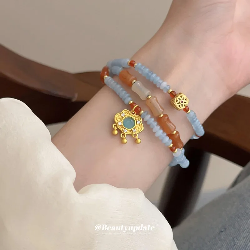 

Новинка 2024, многослойный браслет в китайском стиле из бусин и агата с безопасным замком в национальном стиле, многослойный браслет в старинном стиле