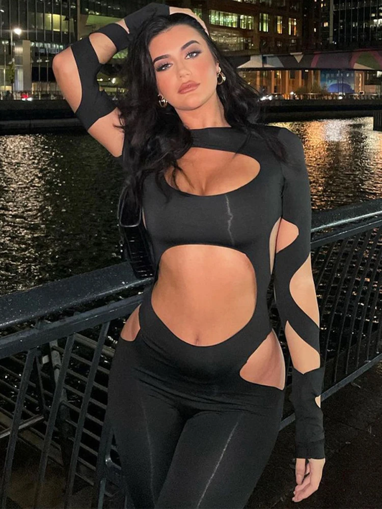 

Sibybo Cutout Sexy Jumpsuit Women Black Long Sleeves Cropped Navel One-piece Bodysuit Female Street Trend Nightclub Kadin Tulum