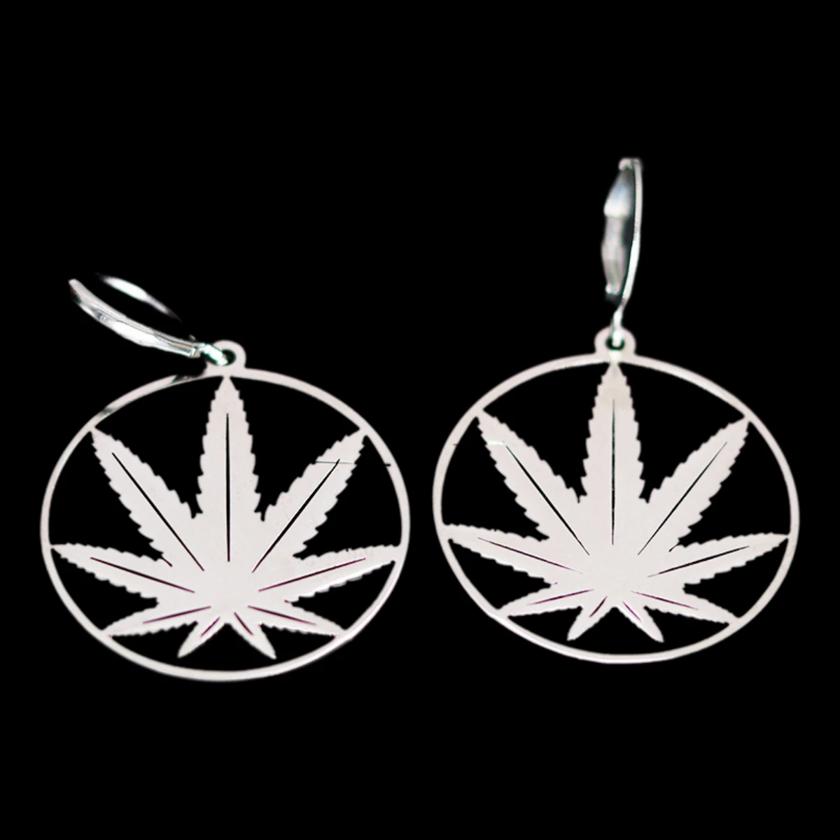 QIAMNI Stainless Steel Round Pot Leaf Hoop Earrings for Women Weed Jewelry Fashion Palm Leaves Drop Statement Piercing Ear 6