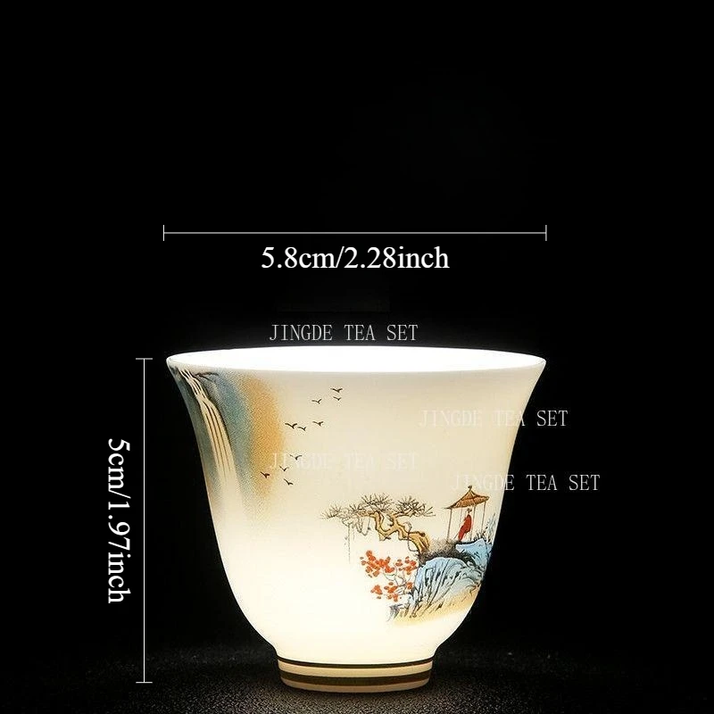 1PCS Sheep Fat Jade Tea Cup White Porcelain Landscape Gold Painting Kung Fu Tea Set Household High-end Tea Cup Drinking Utensils