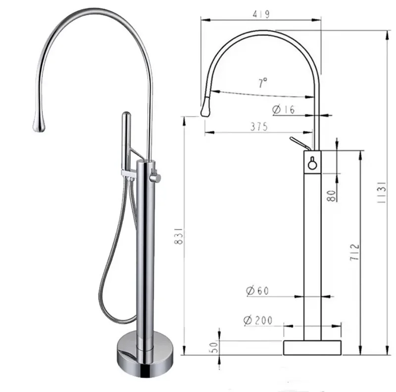 Bathtub Faucet Set Floor Decked Brass Rotate Spout Brush Gold  Bathtub Mixer Morden Style Bathroom Taps 6