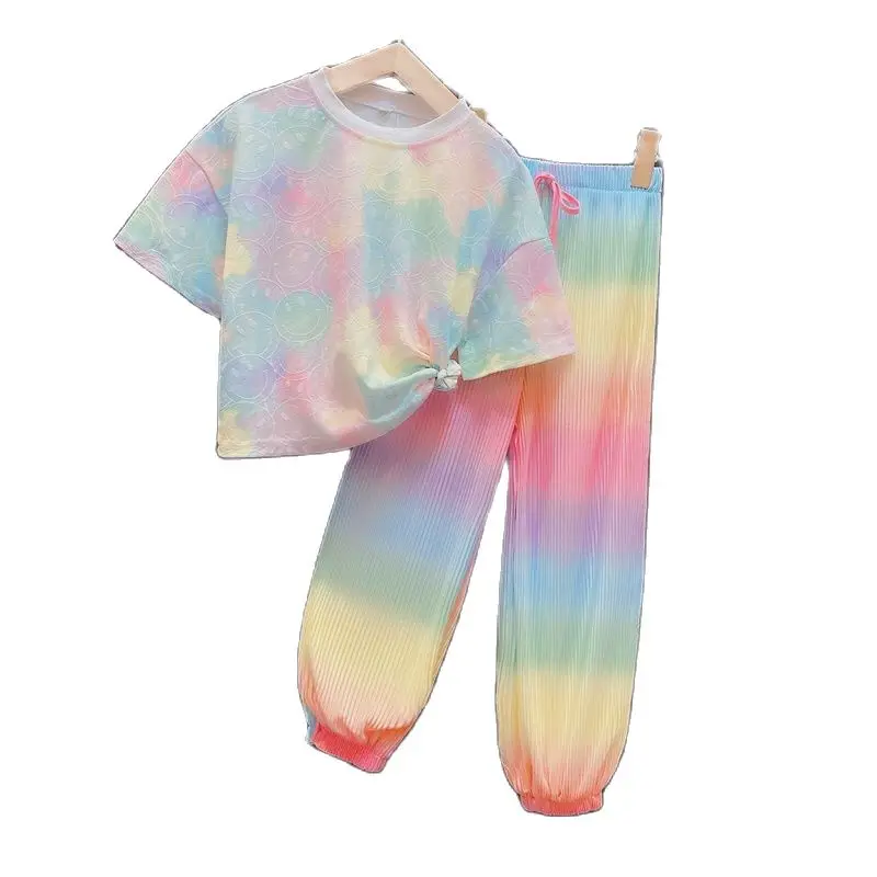 

Girl 2023 New Summer Casual T-shirt Suits Korean Style Baby Youth Teenage Girls Short Sleeve Contrast Color 2Pcs Clothes Sets
