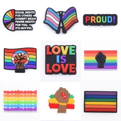 Best Sale 1 Pcs PVC Adult Shoes Decorations Rainbow Flag Clog Shoe Charms LGBT Proud Bracelet Accessorie Peace Love Is Love