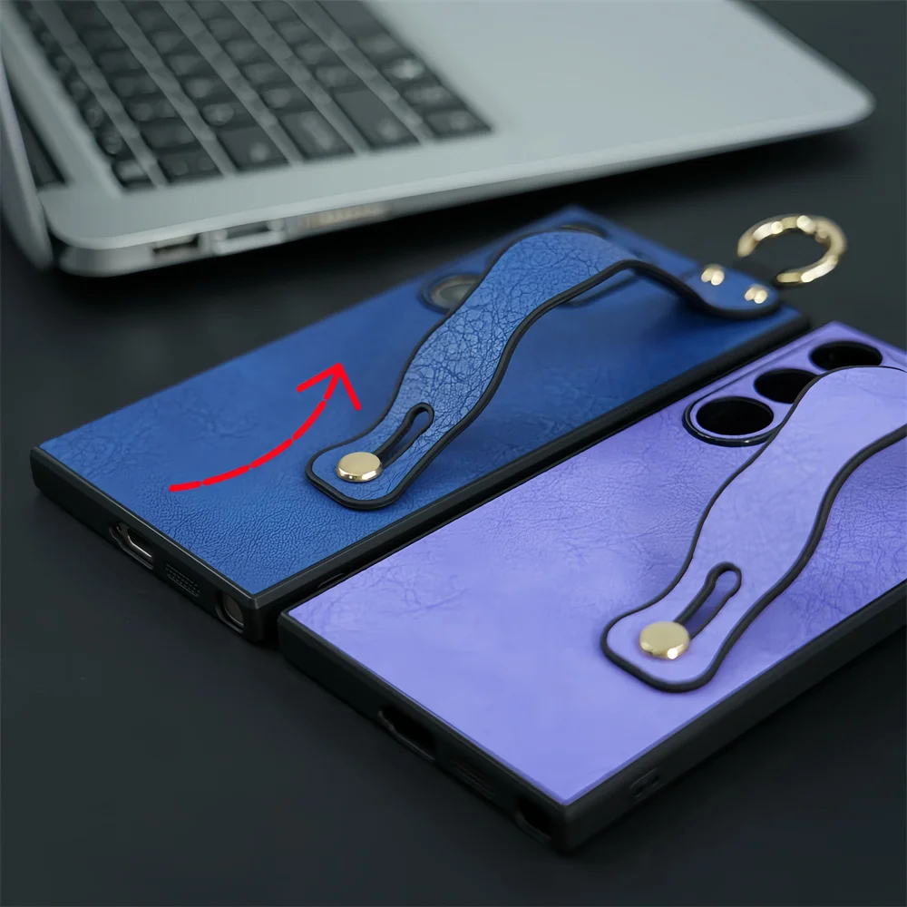 Luxury Leather Wristband Phone Case with Hand Strap and Stand – Pure Color Wave Design
