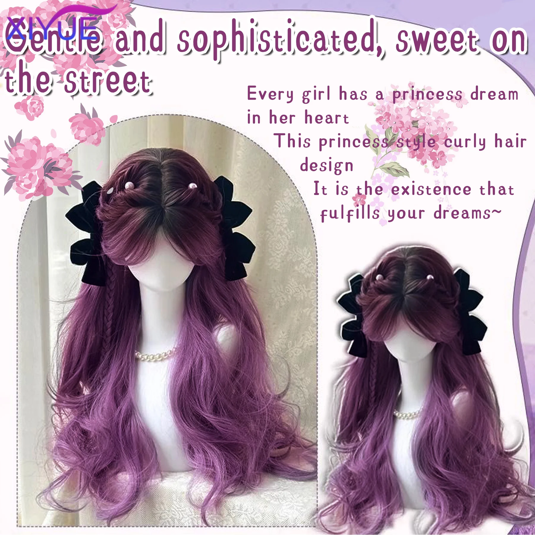 Synthetic Long Curly Hair Gradient Purple Cosplay Wigs Heat Resistant Synthetic Wigs Middle Part Natural Lolita For Women