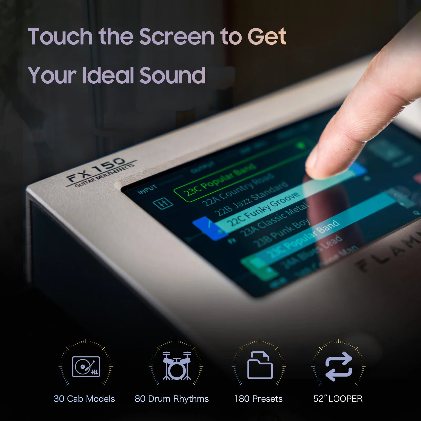 Guitar Effect Pedal FLAMMA FX150 Guitar Multi Effects Pedal 160 Effects 180 Preset Slots 30 Cab Simulation 80 Drum Machine 52S Looper Touch Screen