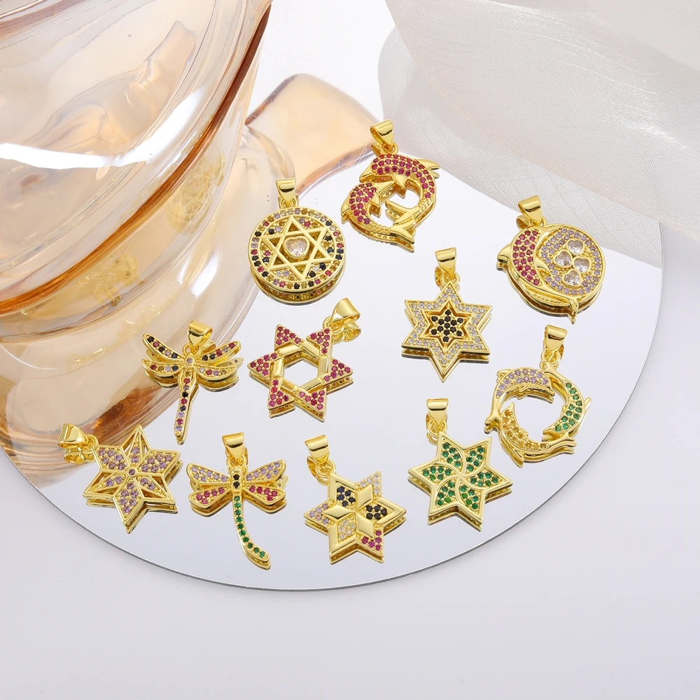 Juya 18K echt vergoldeter Davidstern Libelle Leopardenkopf Skorpion Delphin Liebe Herz Blume Griechischer böser Blick Charms Zubehör – Detail 2