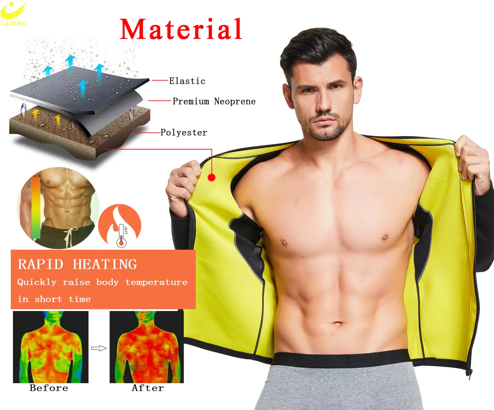 LAZAWG Sauna Jacket for Weight Loss for Men Neoprene Sweat Top Slimming Long Sleeve Body Shaper Workout Fitness Sport Fat Burner