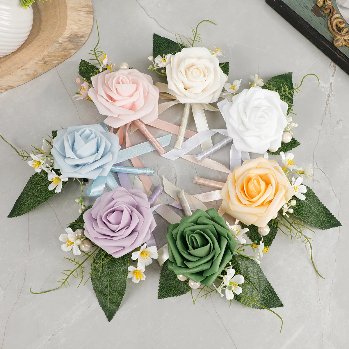 

Artificial Flowers Buttonhole Wedding Groom Boutonniere Corsage Bracelet Bridesmaid White Pink Silk Flowers Brooch Marriage Pins