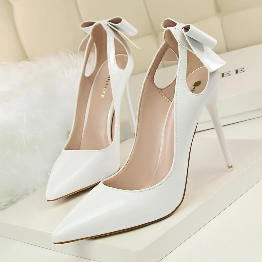 BIGTREE Spring Women Pumps Patent Leather 10CM Thin High Heel  Bowknot Hollow Sandals Woman Dress Shoes Stilettos High Quality