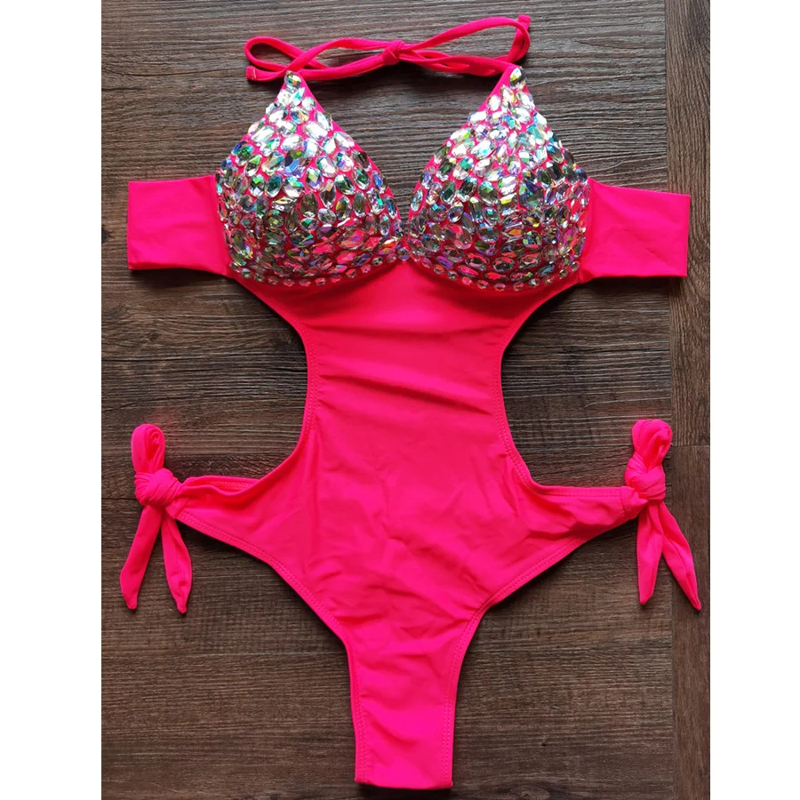 

VIKINII Crystal Swimsuits 2023 Sexy Diamond Bodysuits Women One-Piece Swimwear Rhinestone Push Up Beachwear Women Bathing Suits