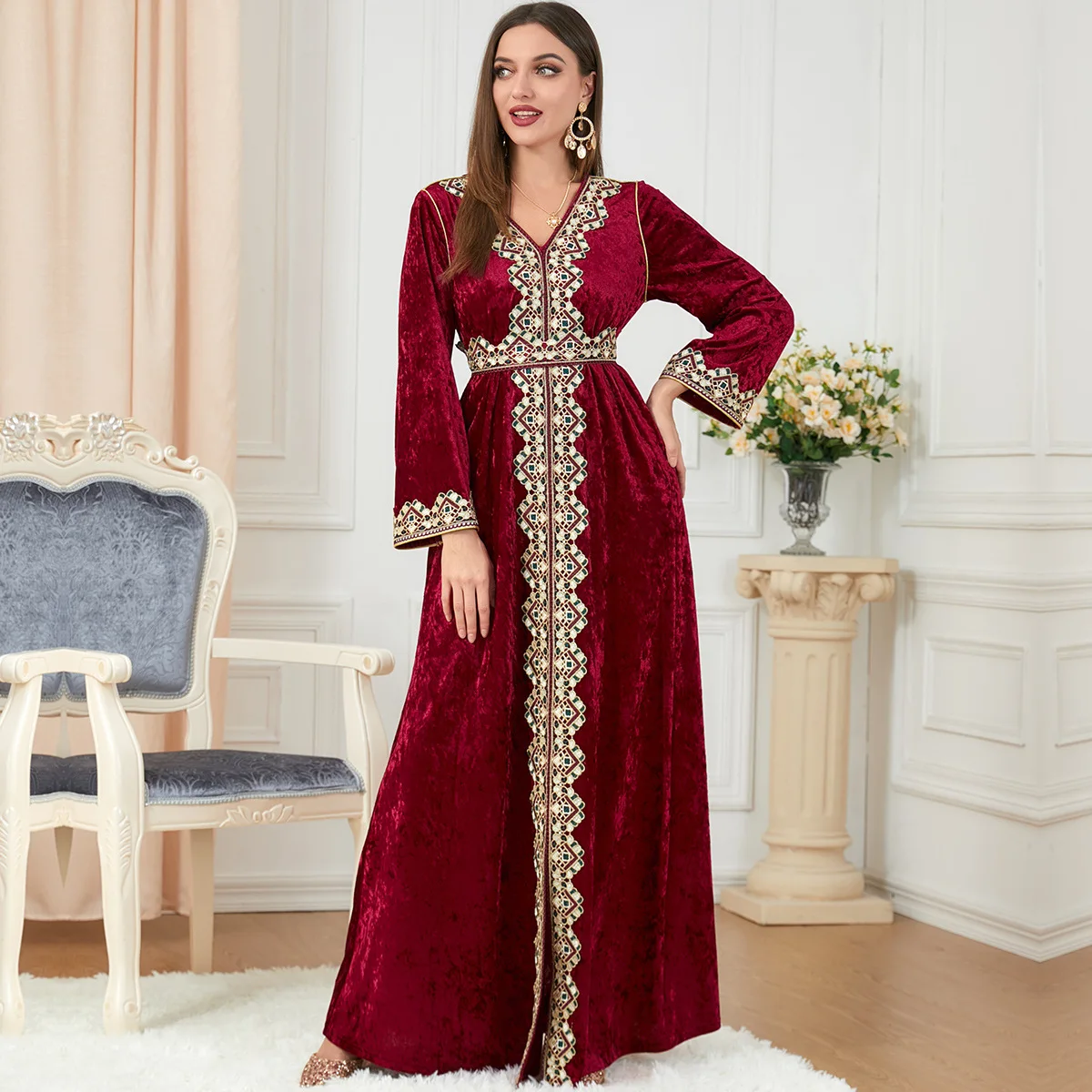 Robe Ramadan Abayas for Women Muslim Women's V-neck Knitted Abaya Maxi Dress with Regular Sleeves Dubai Abaya Jalabiya for Women