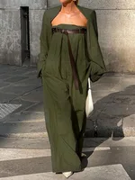 Freeacy Women's Stylish Jumpsuit Set Collarless Long Sleeve Outerwear and Strapless Wide Leg Jumpsuits Summer Loose Fit Suit - Image 5