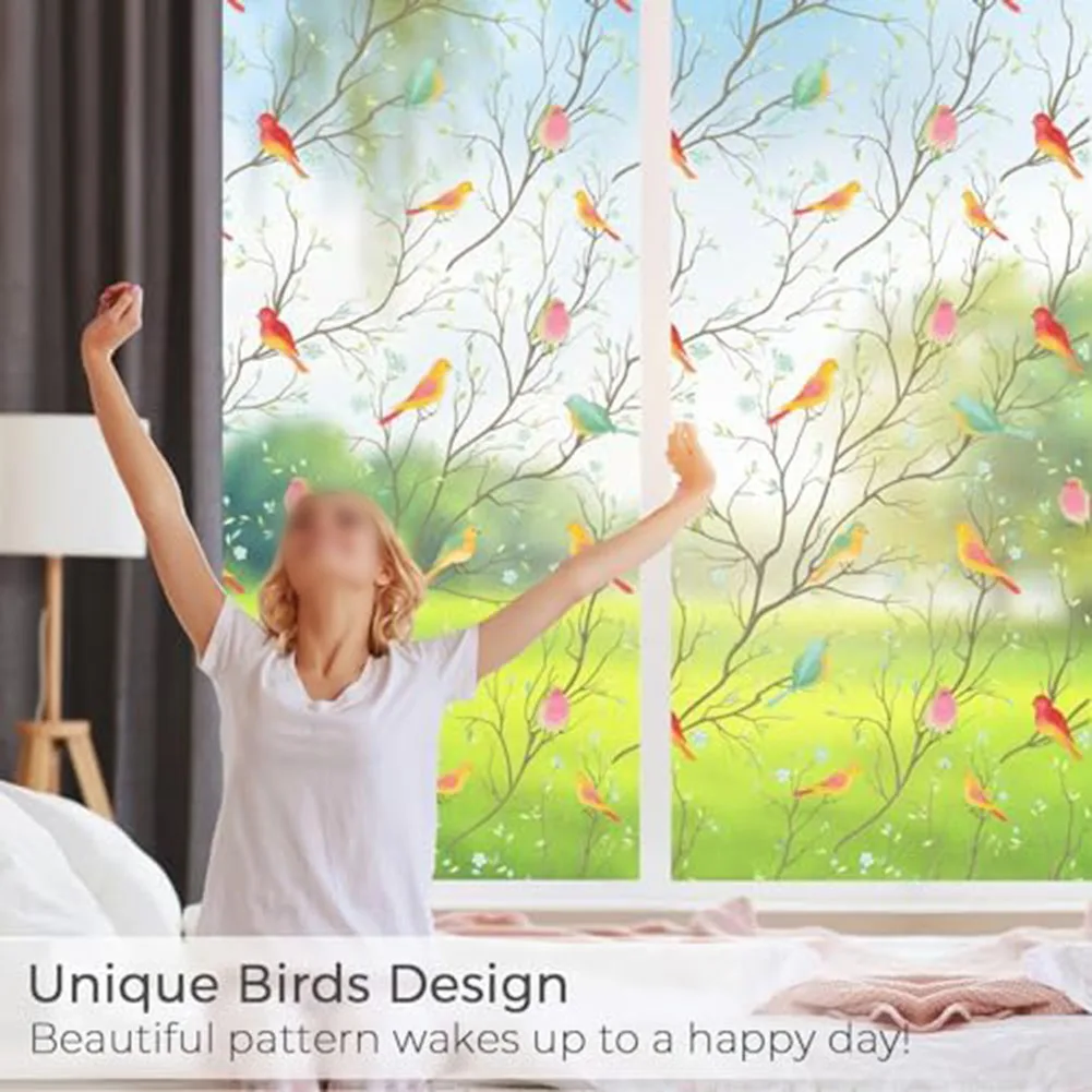 Translucent Window Film Decorative Stained Glass Window Film Bird Patterned Privacy 45*300cm Sun Blocking