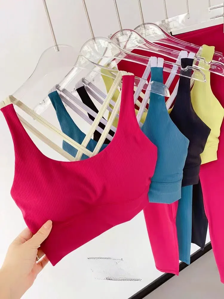 Lemon Ribbed Women gym Fitness Yoga Set Tights cross Sports Bra and Leggings 2 Pieces Suit Tracksuit Comprehensive training jog