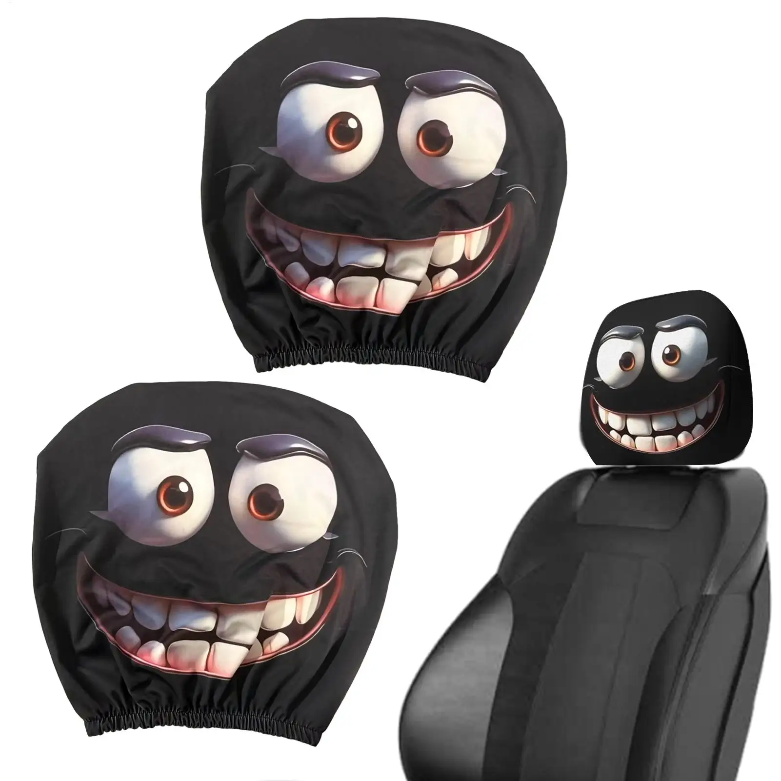 2pcs Horror-Themed Car Headrest Covers - Black & White Face Design, Unfilled Comfortable Seat Protectors for Sedan, Truck, SUV