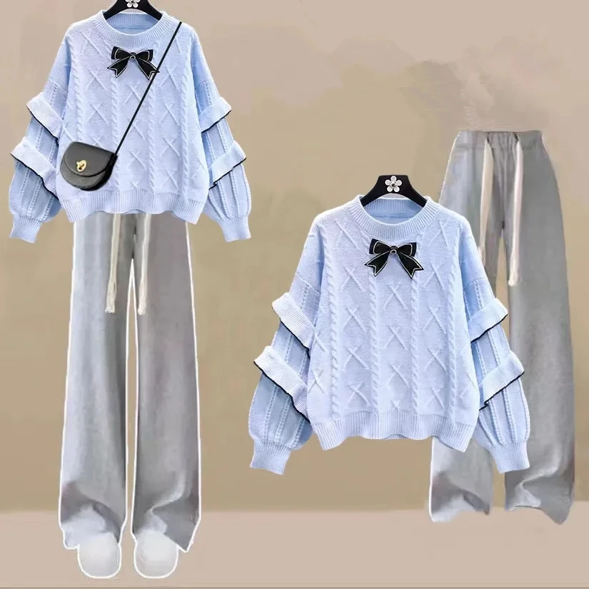 Autumn Winter Women Sweet Bowknot Sweater Wide Leg Pants 1 or 2 Piece Set Korean Lady Knit Tops Trousers Outfits 2023 Knitwear