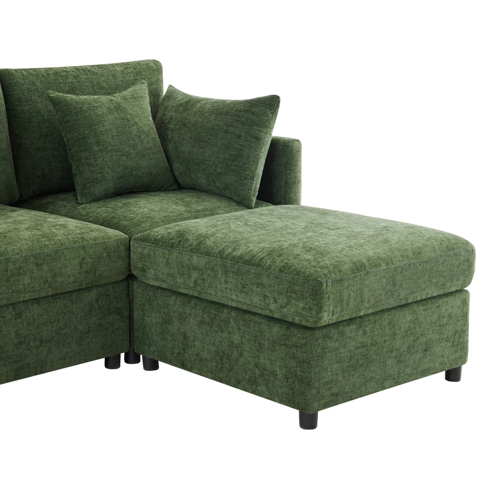 PINGGO Grünes L-förmiges Ecksofa 3-Sitzer Konvertierbar Modular mit Beweglichem Hocker 4 Chenille-Kissen für Wohnzimmer Büro – Detail 18