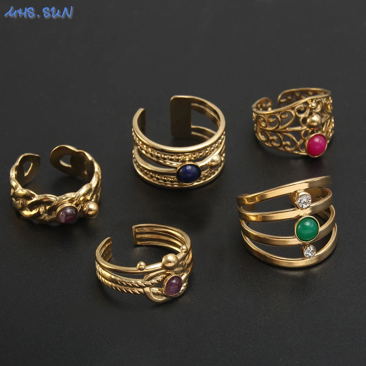 Damen Edelstahl Hohlring mit Naturstein Böhmischer Zirkon Verstellbarer Offener Ring mit Echtgold-Beschichtung Schmuck – Detail 2