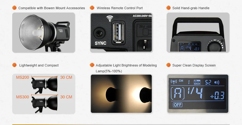 Godox 200W MS200 or 300W MS300 Studio Flash 2.4G Built-in Wireless Receiver Ligh