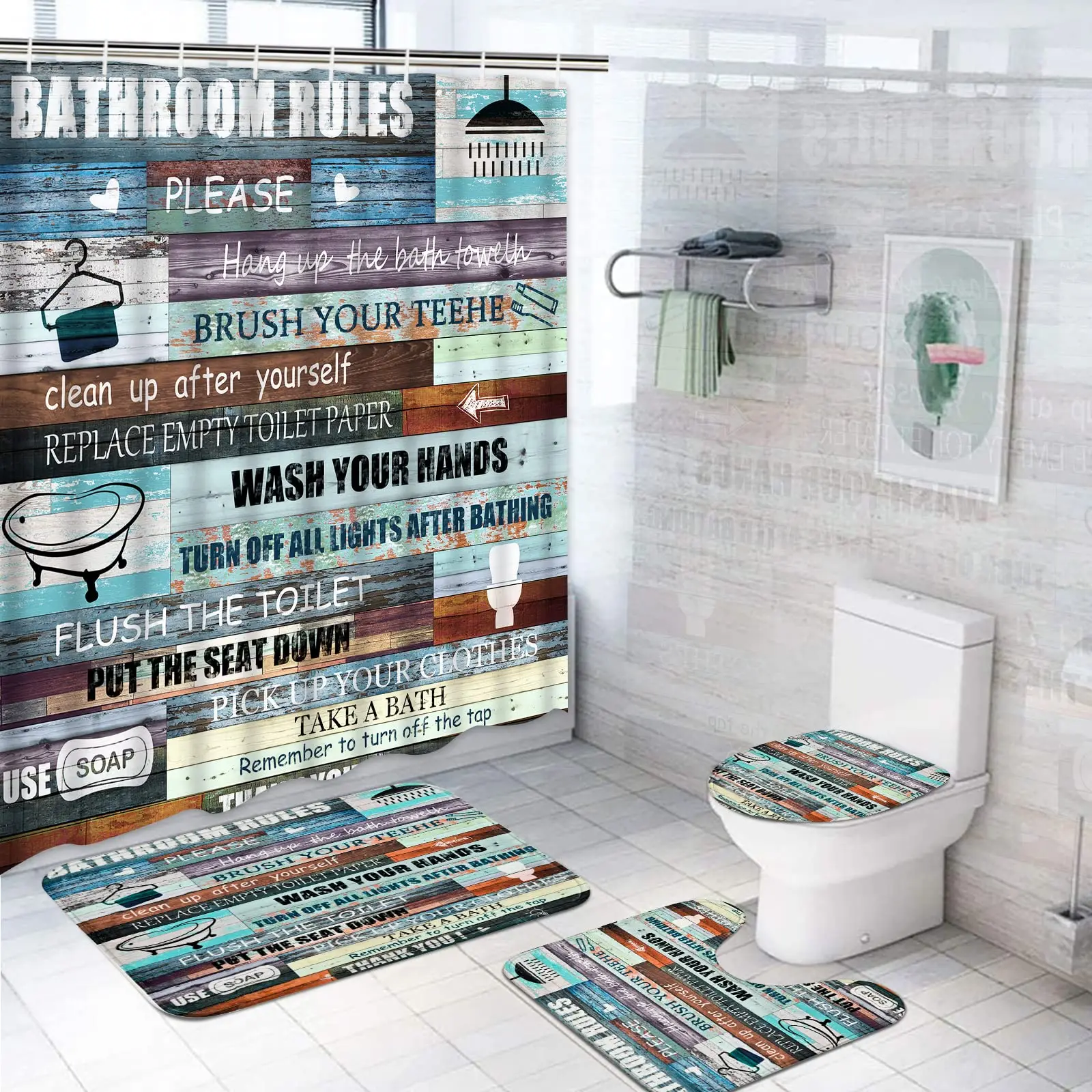 

Inspirational Quotes Shower Curtain Set Rug Toilet Lid Cover Bath Mat Vintage Rustic Bathroom Decor Waterproof Wooden Poster