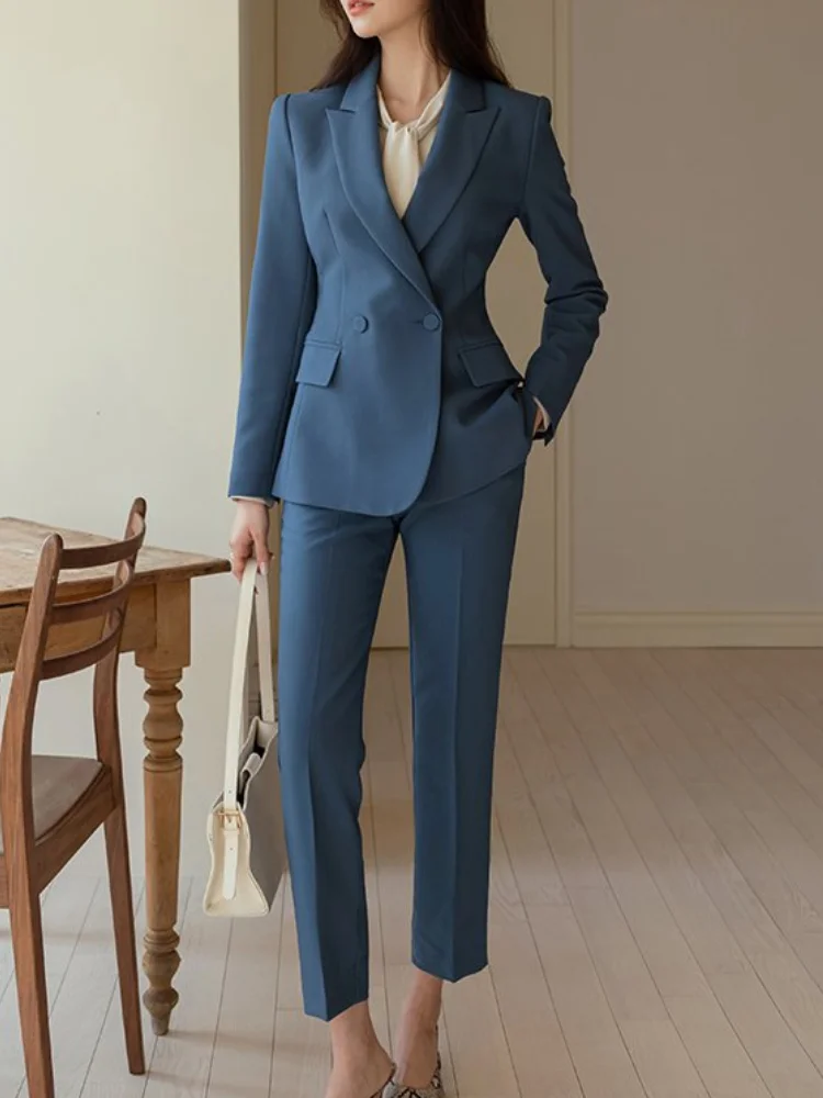 

Women Formal Blazer Pantsuit Casual 2 Piece Set Vintage Solid Jackets Business Trousers Outfits Female Elegant Clothes Workwear