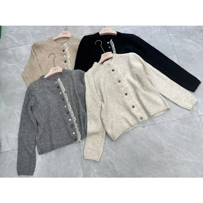 Women Knitted Lace Ruffles Long Sleeve Elegant Cardigan Sweater